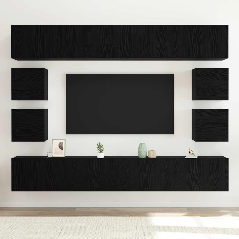 TV Cabinet Set 8 pcs Black Oak Engineered Wood