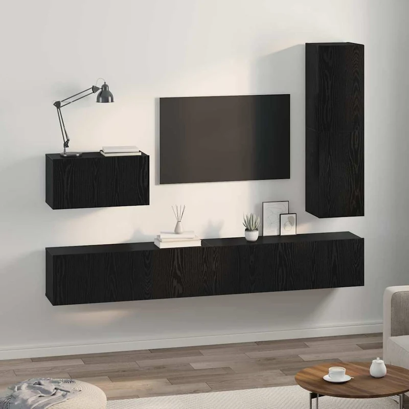 TV Cabinet Set 4 pcs Black Oak Engineered Wood