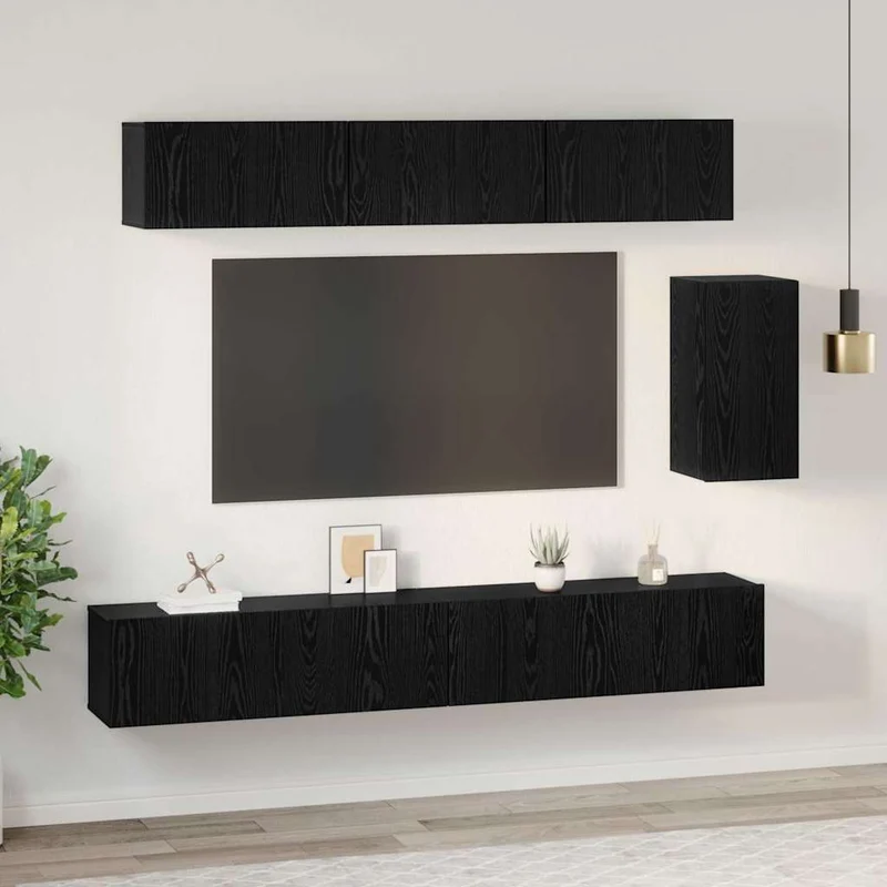TV Cabinet Set 6 pcs Black Oak Engineered Wood