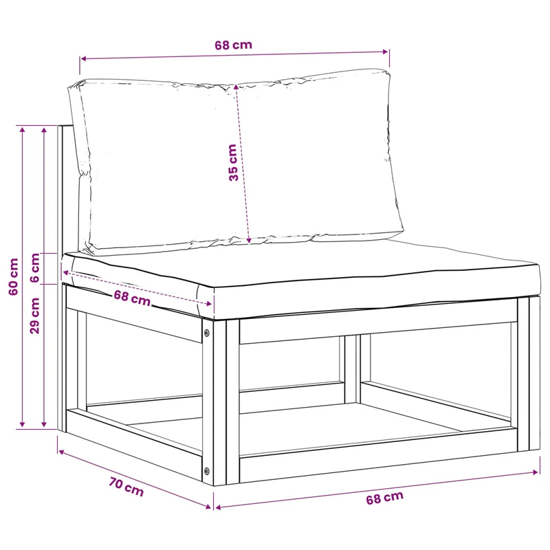 Sectional Middle Sofa with Cushions Solid Acacia Wood Natural