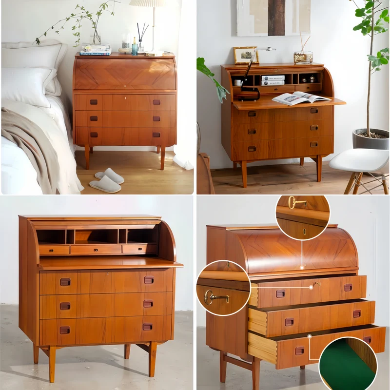Bureau secrétaire à cylindre en placage teck vintage avec meuble coiffeuse