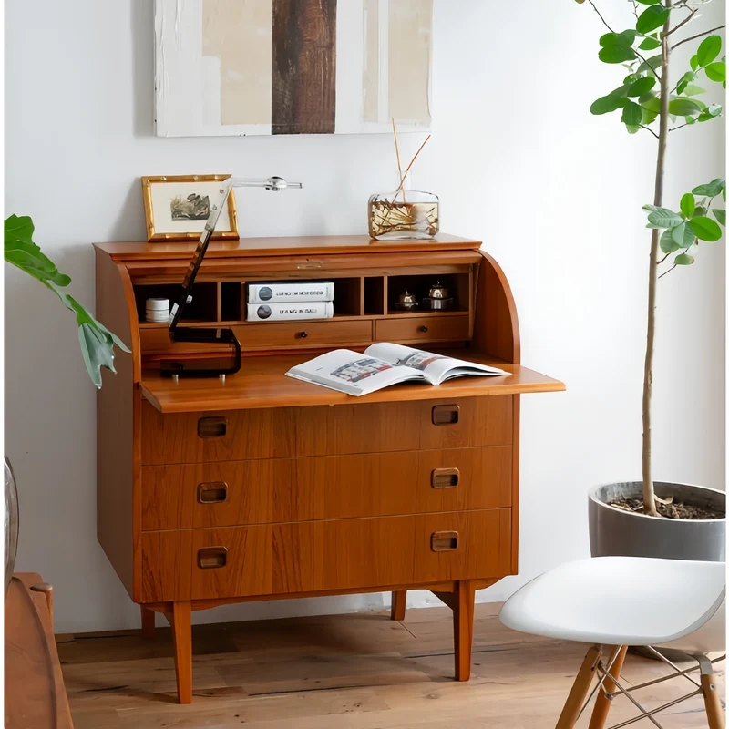 Bureau secrétaire à cylindre en placage teck vintage avec meuble coiffeuse