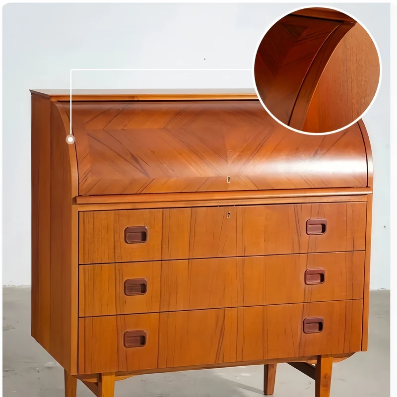 Bureau secrétaire à cylindre en placage teck vintage avec meuble coiffeuse
