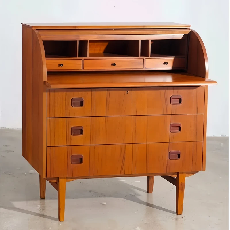 Bureau secrétaire à cylindre en placage teck vintage avec meuble coiffeuse