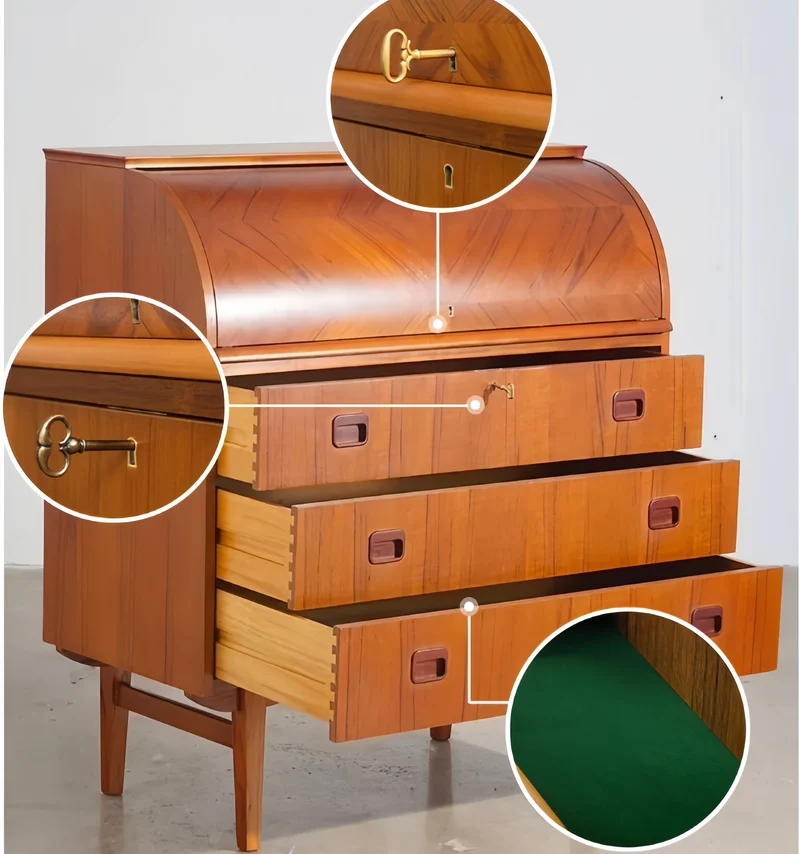 Bureau secrétaire à cylindre en placage teck vintage avec meuble coiffeuse