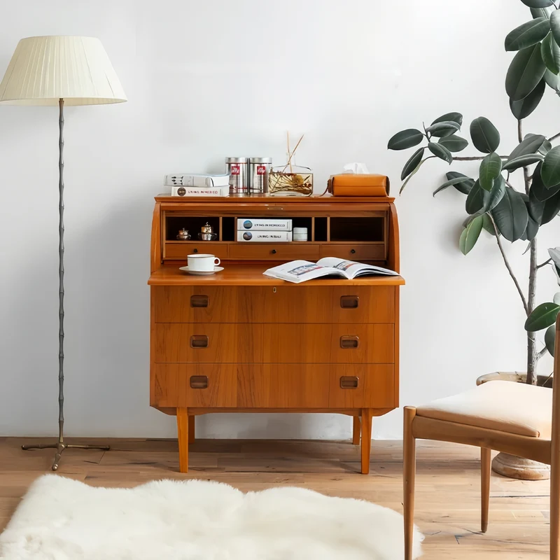 Bureau secrétaire à cylindre en placage teck vintage avec meuble coiffeuse