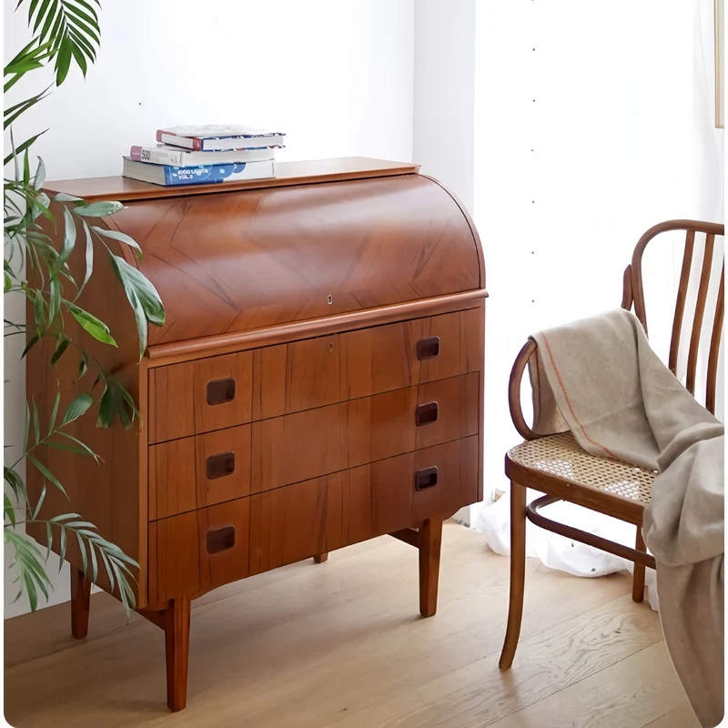 Bureau secrétaire à cylindre en placage teck vintage avec meuble coiffeuse