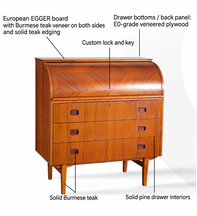 Bureau secrétaire à cylindre en placage teck vintage avec meuble coiffeuse