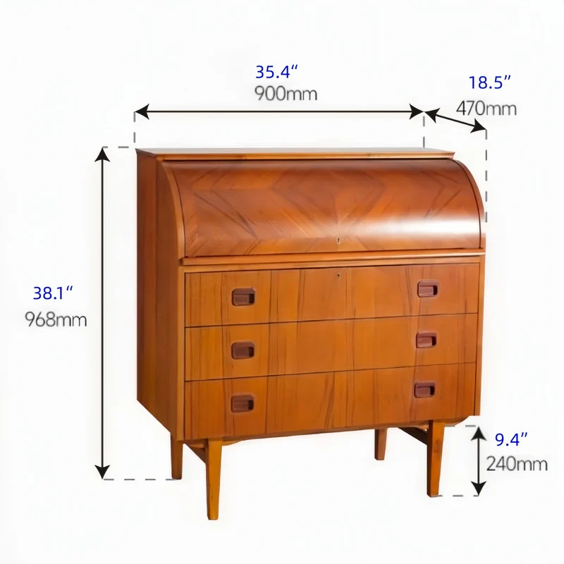 Bureau secrétaire à cylindre en placage teck vintage avec meuble coiffeuse
