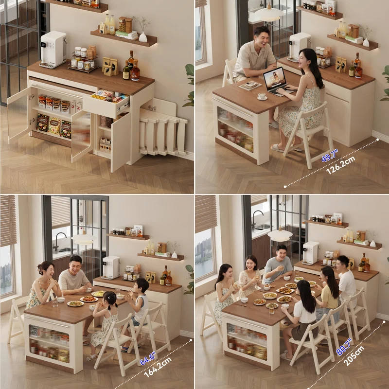 Îlot de cuisine extensible avec rangement et 4 chaises