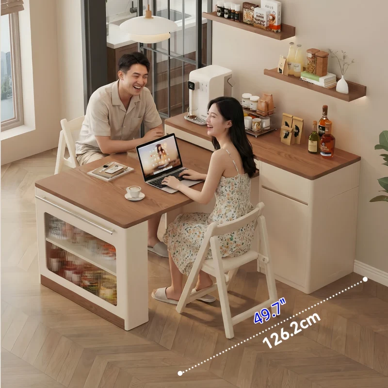 Îlot de cuisine extensible avec rangement et 4 chaises