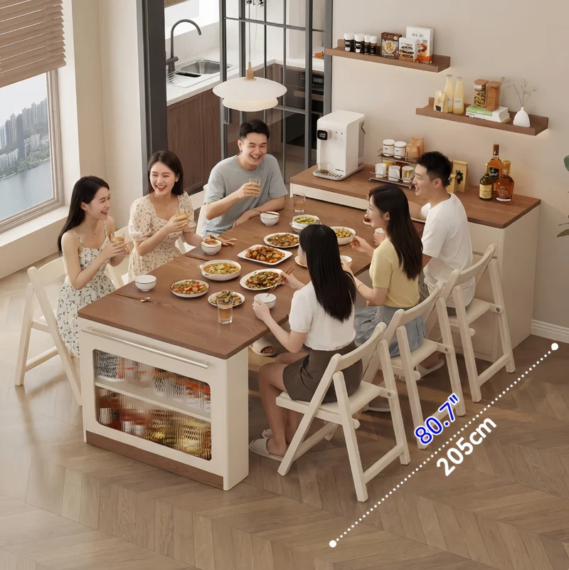 Îlot de cuisine extensible avec rangement et 4 chaises