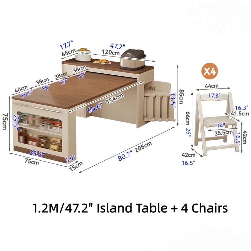 Îlot de cuisine extensible avec rangement et 4 chaises