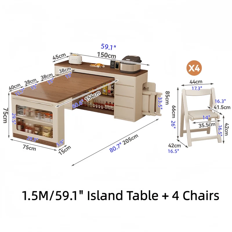 Îlot de cuisine extensible avec rangement et 4 chaises