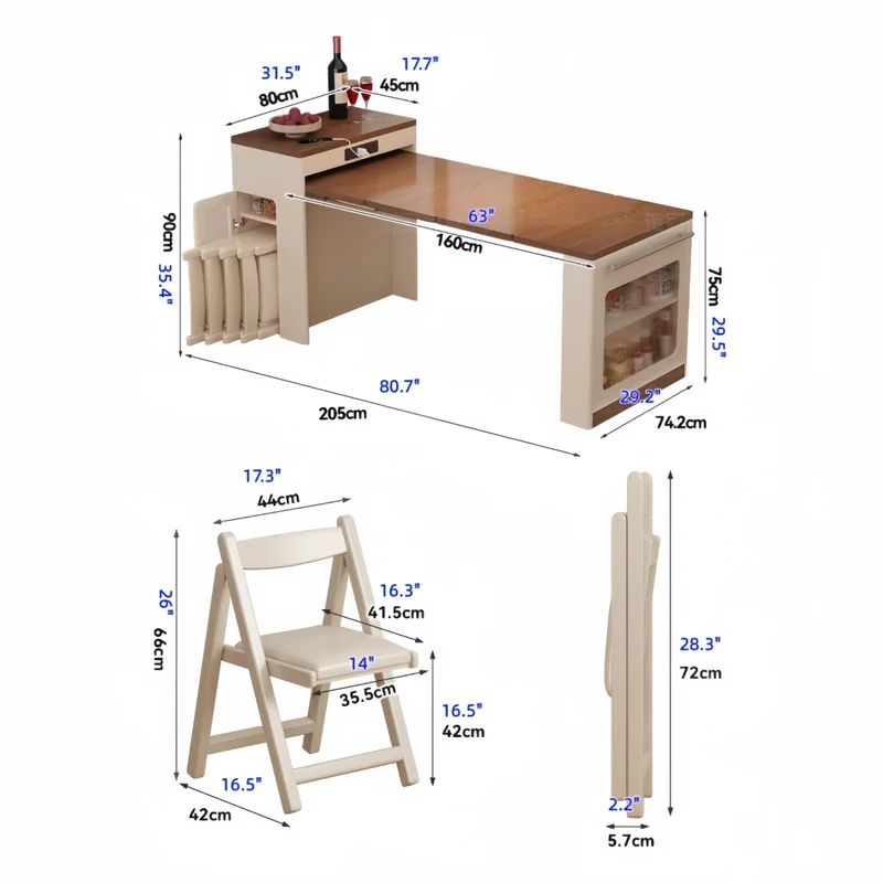 Îlot de cuisine extensible avec rangement et 4 chaises