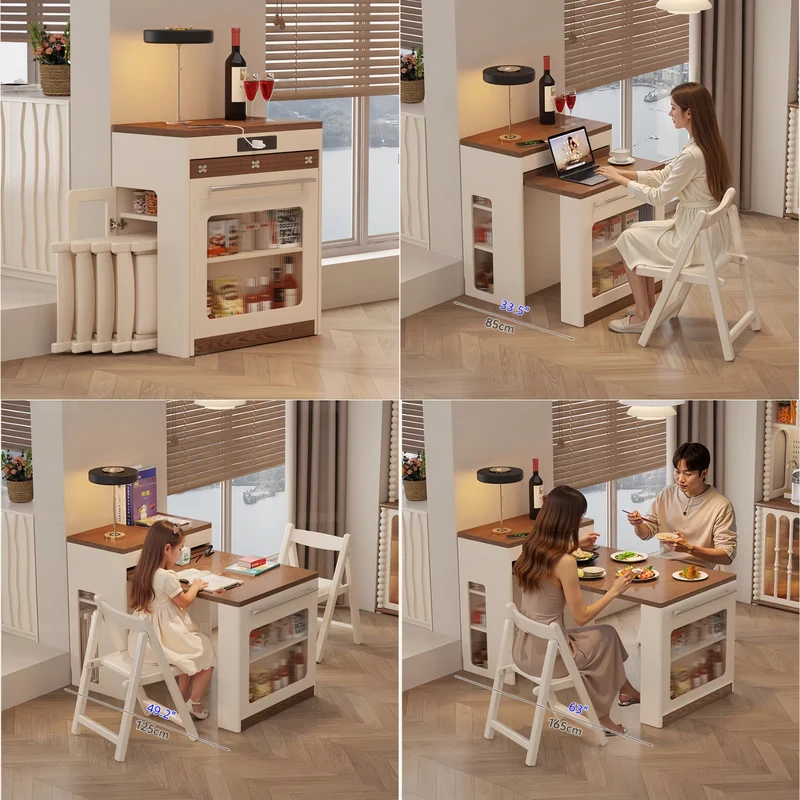Îlot de cuisine extensible avec rangement et 4 chaises