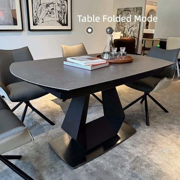 Table de salle à manger pivotante et extensible en forme de dalle de pierre avec pied central en acier