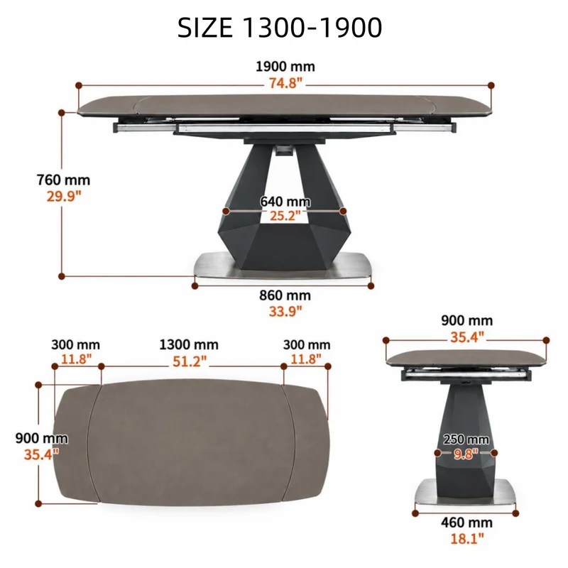 Table de salle à manger pivotante et extensible en forme de dalle de pierre avec pied central en acier