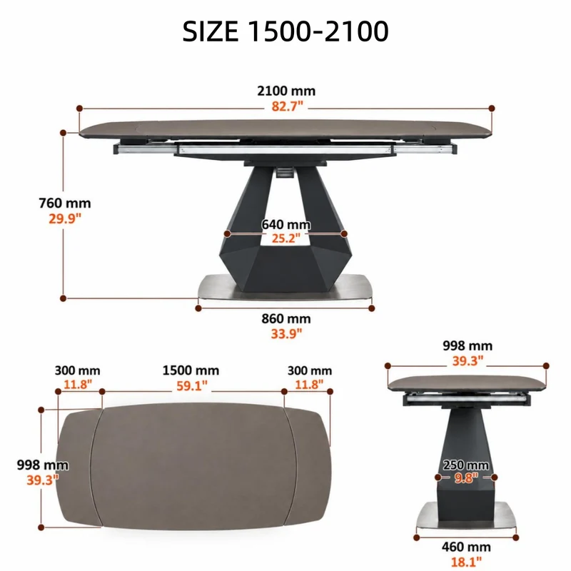 Table de salle à manger pivotante et extensible en forme de dalle de pierre avec pied central en acier