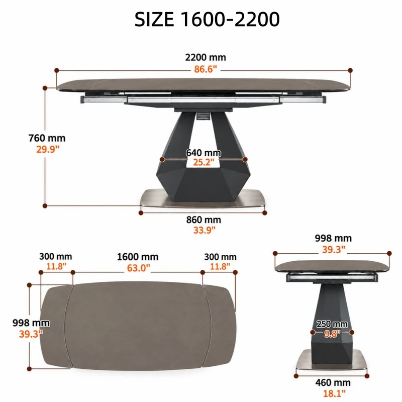 Table de salle à manger pivotante et extensible en forme de dalle de pierre avec pied central en acier