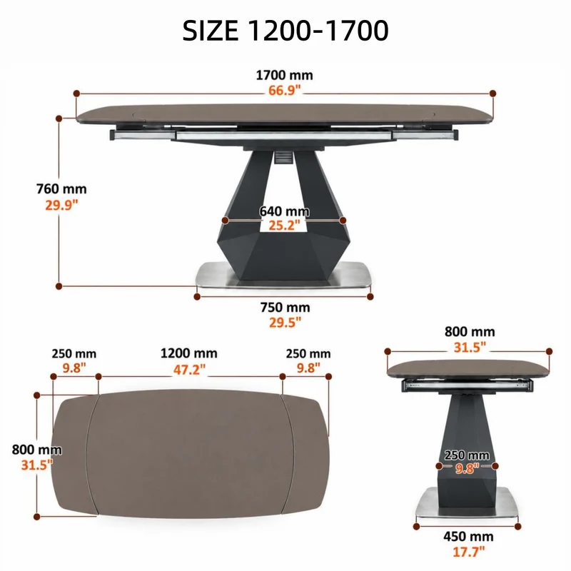 Table de salle à manger pivotante et extensible en forme de dalle de pierre avec pied central en acier