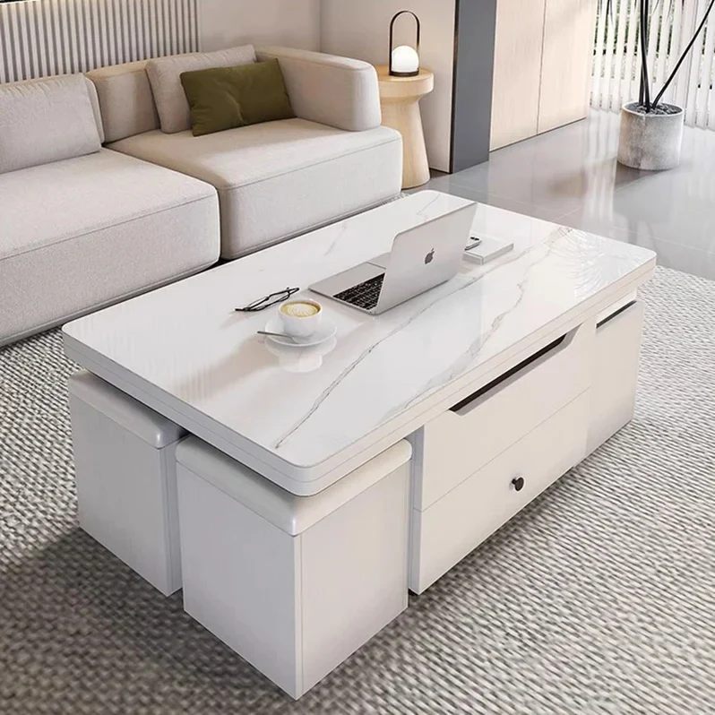 Table basse multifonctionnelle à plateau relevable avec 4 tabourets de rangement