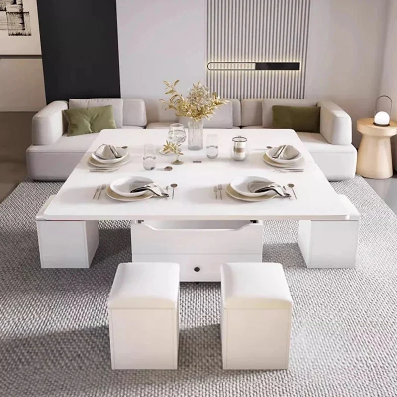 Table basse multifonctionnelle à plateau relevable avec 4 tabourets de rangement