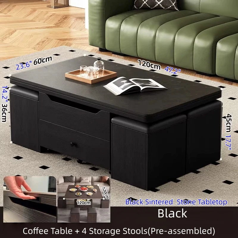 Table basse multifonctionnelle à plateau relevable avec 4 tabourets de rangement