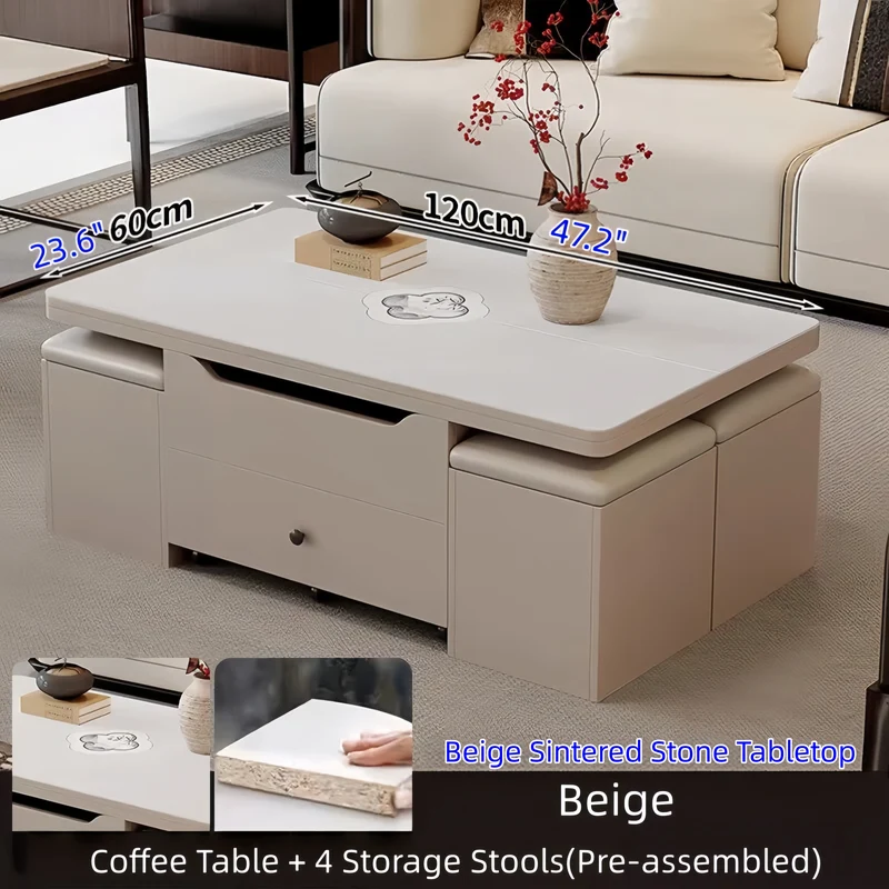 Table basse multifonctionnelle à plateau relevable avec 4 tabourets de rangement