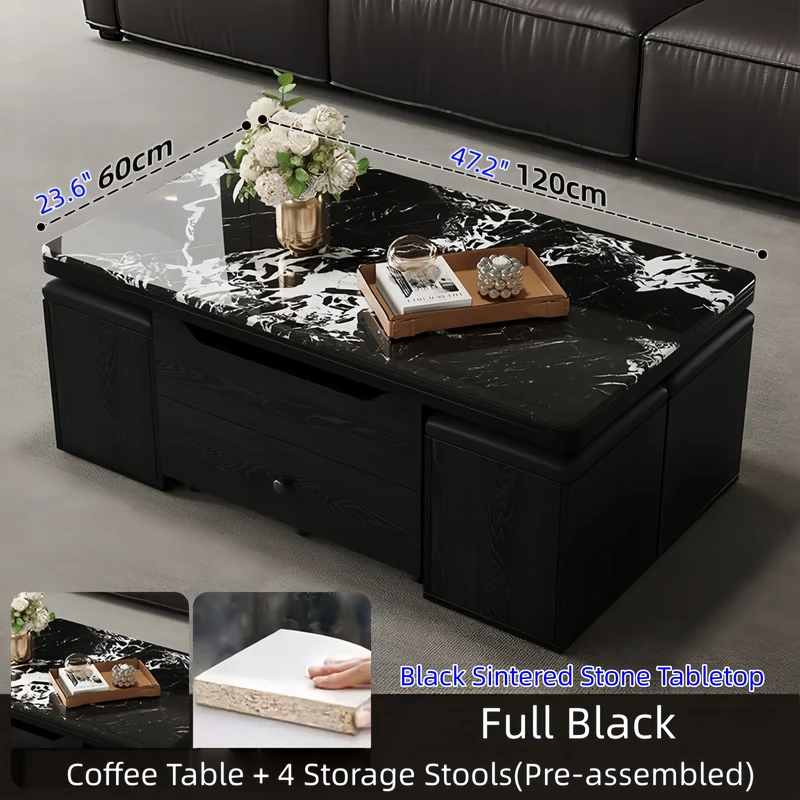 Table basse multifonctionnelle à plateau relevable avec 4 tabourets de rangement