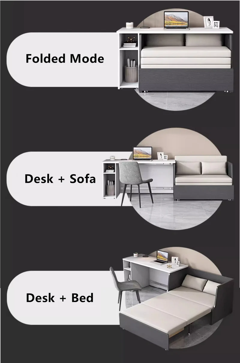Canapé-lit peu encombrant avec rangement en dessous et ensemble de bureau d'ordinateur