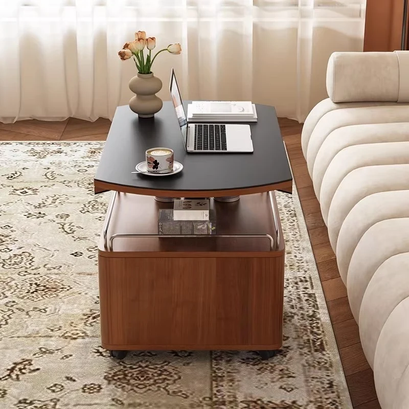 Table basse en pierre frittée relevable et pliable en buis massif