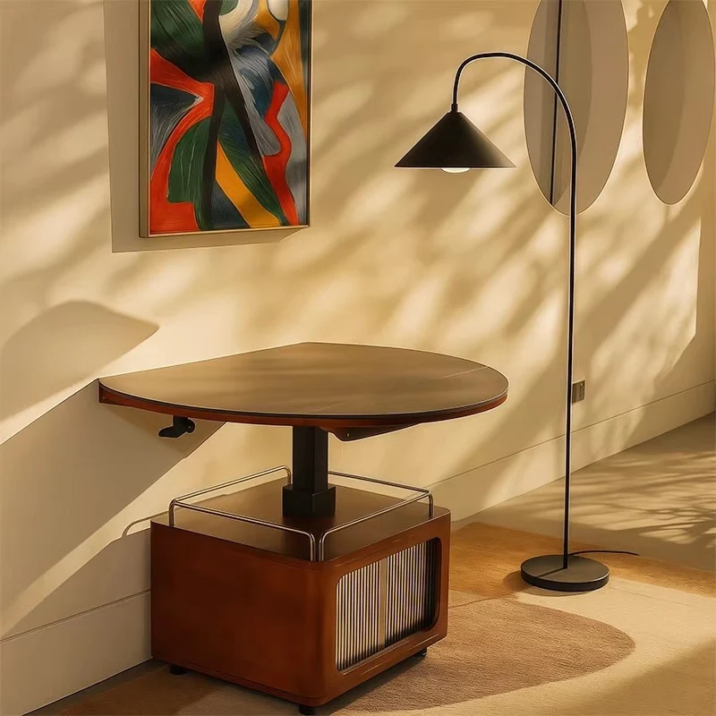 Table basse en pierre frittée relevable et pliable en buis massif