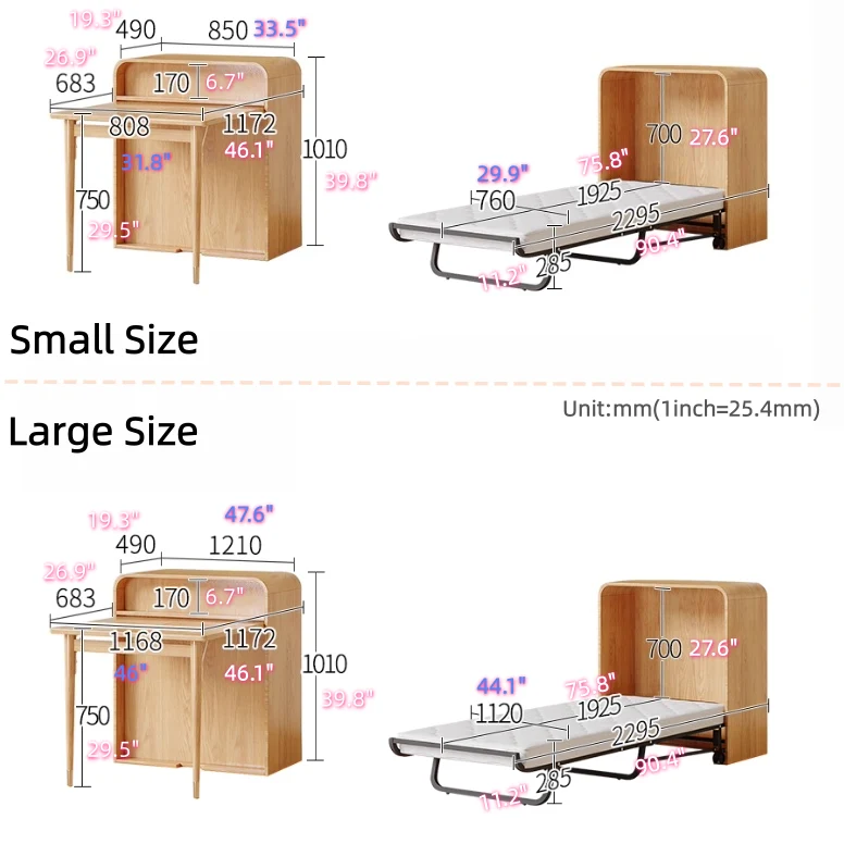 Bureau pliable 3 en 1 gain de place avec lit escamotable
