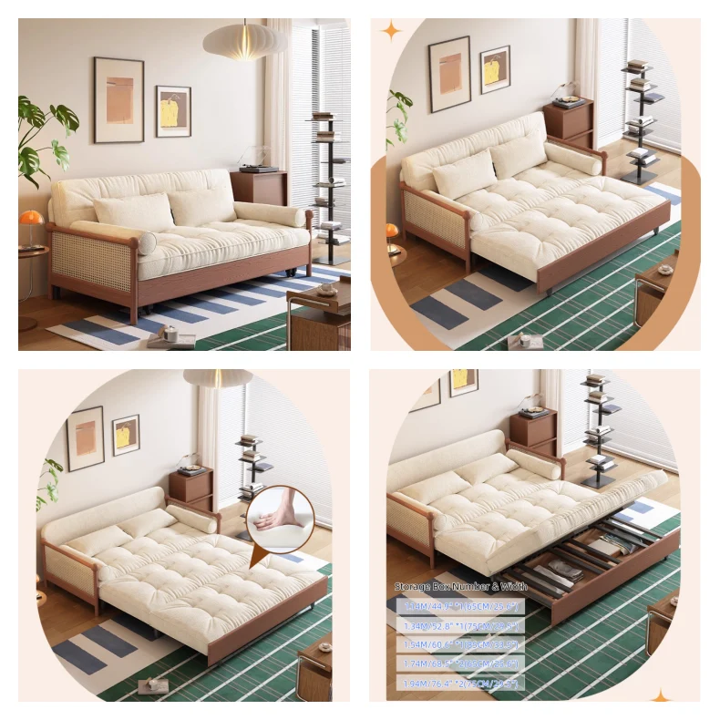 Canapé-lit 3 en 1 avec accoudoirs en rotin tressé et tissu chenille, et rangement intégré.