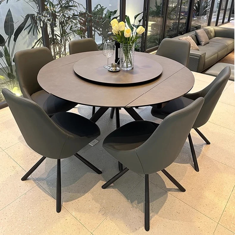 Table de salle à manger ronde extensible rotative avec plateau en dalle de roche
