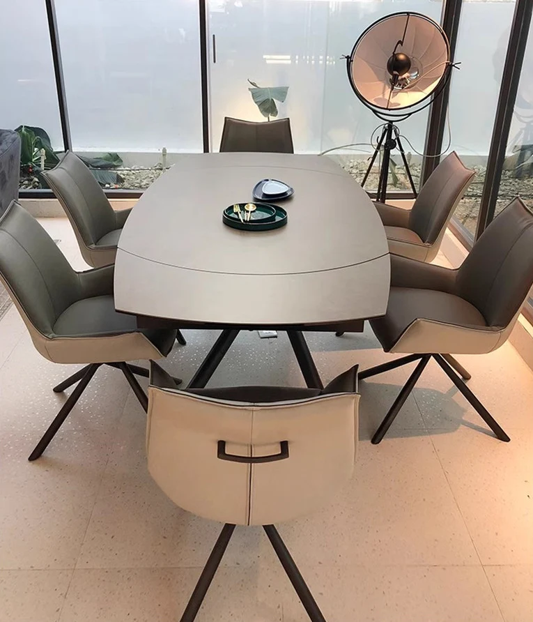 Table de salle à manger rotative extensible avec plateau en dalles de roche