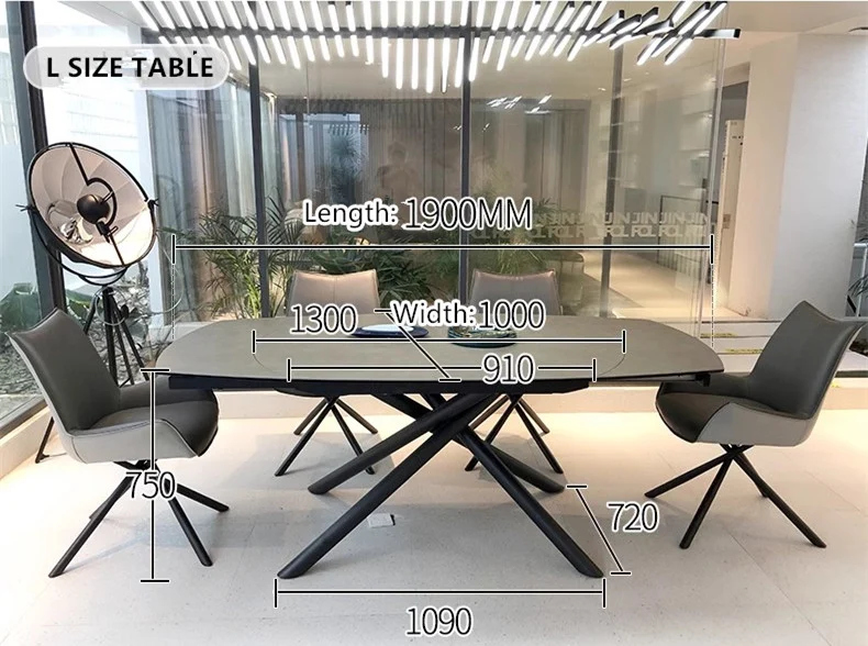 Table de salle à manger rotative extensible avec plateau en dalles de roche