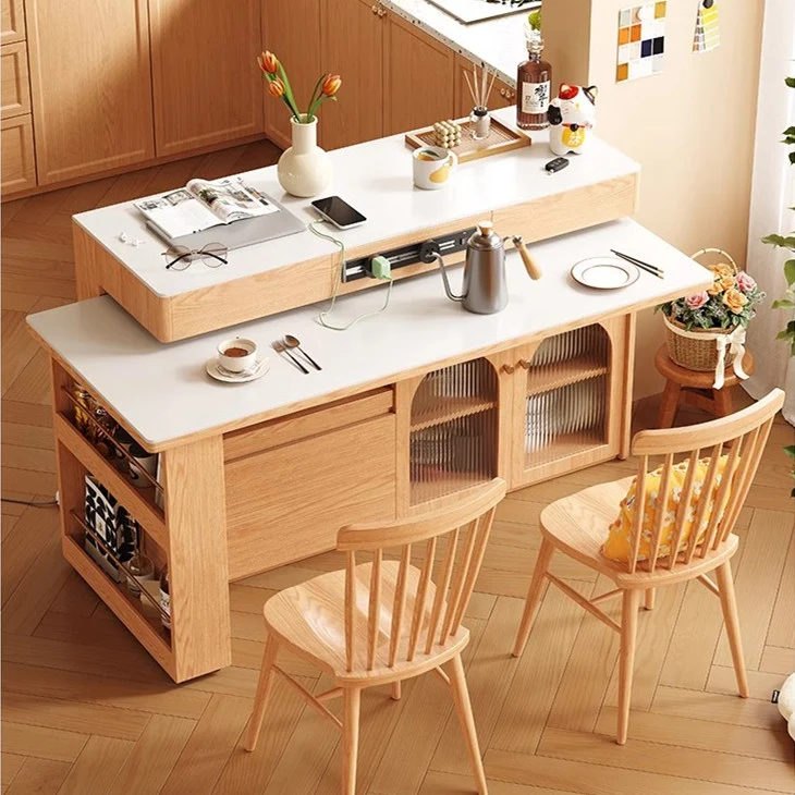 Îlot de cuisine en pierre frittée avec table rotative à 180 degrés