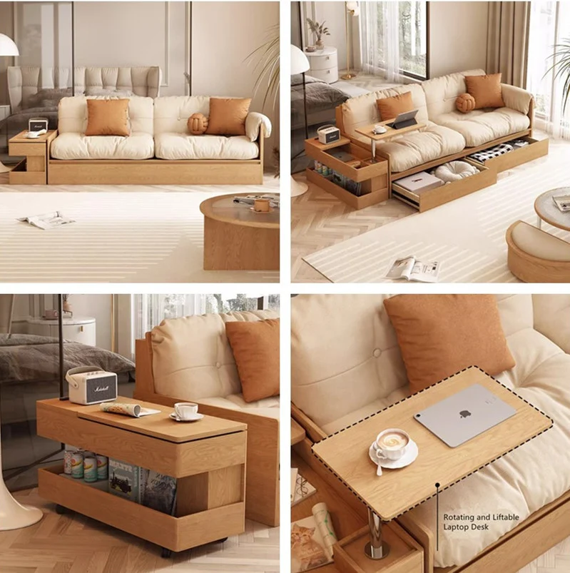 Canapé de rangement multifonction en tissu avec accoudoirs, table et tiroirs