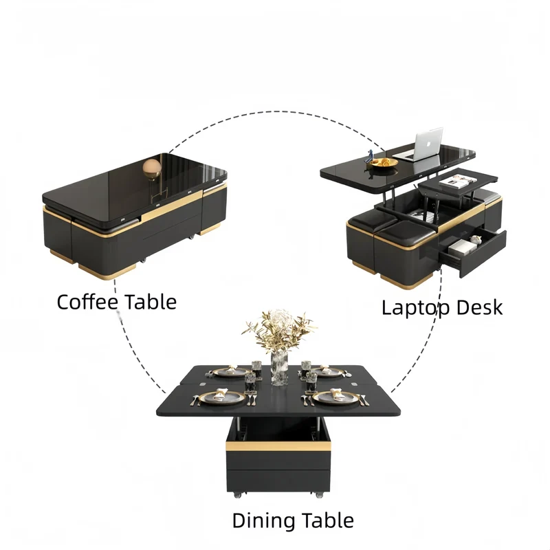 Table basse multifonctionnelle 3 en 1, style luxueux et léger, finition laquée, avec roulettes universelles