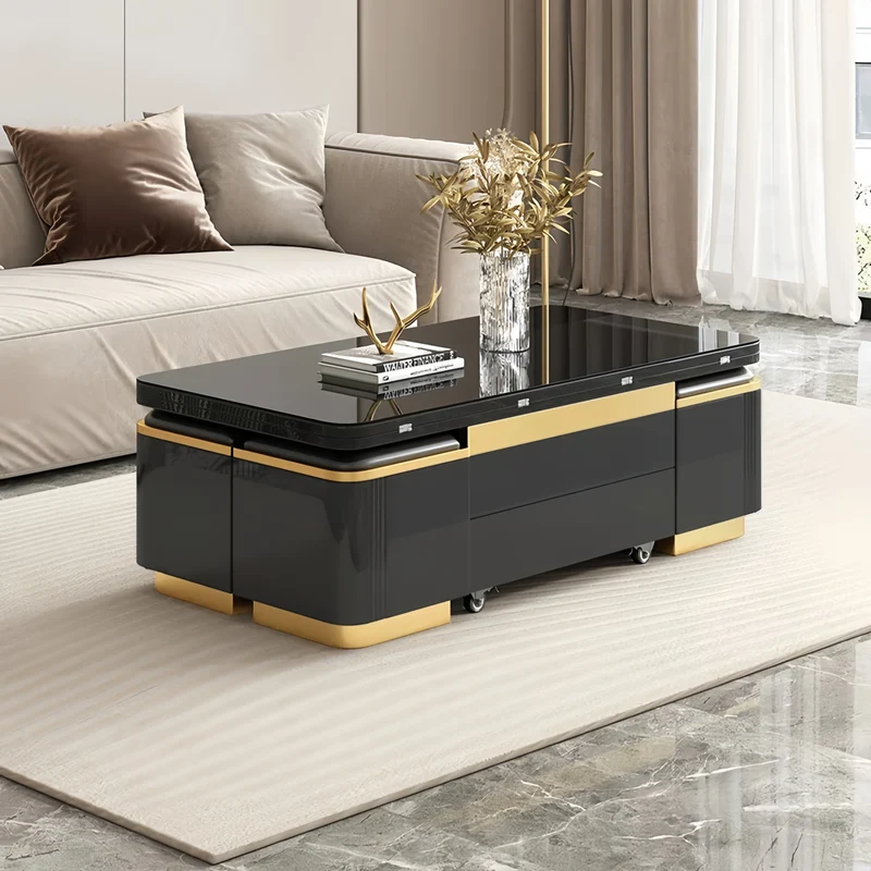 Table basse multifonctionnelle 3 en 1, style luxueux et léger, finition laquée, avec roulettes universelles