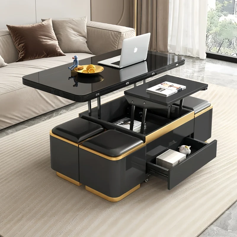 Table basse multifonctionnelle 3 en 1, style luxueux et léger, finition laquée, avec roulettes universelles