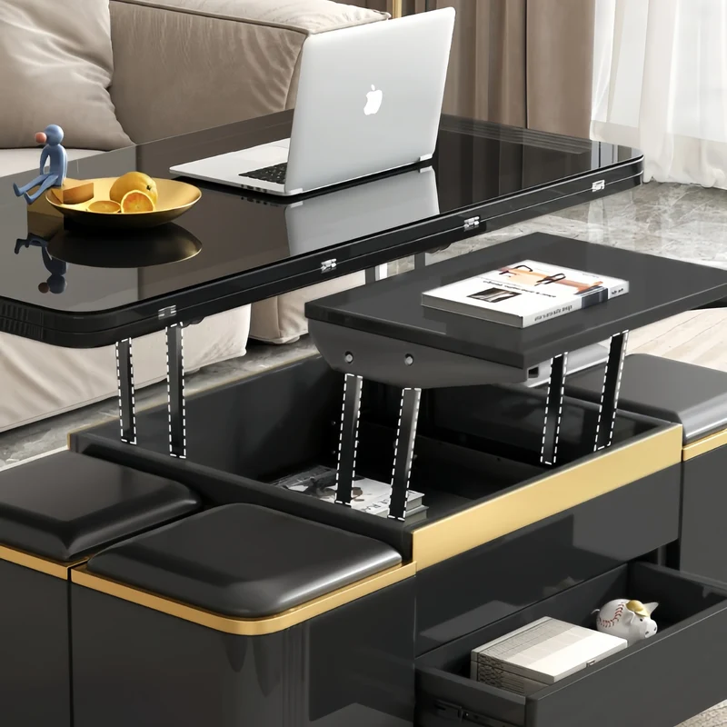 Table basse multifonctionnelle 3 en 1, style luxueux et léger, finition laquée, avec roulettes universelles