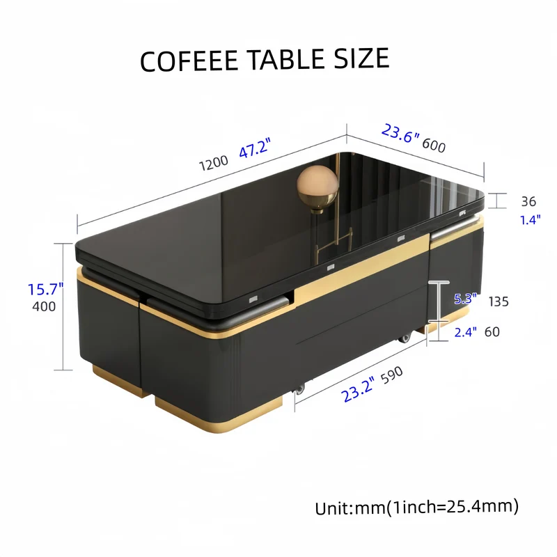 Table basse multifonctionnelle 3 en 1, style luxueux et léger, finition laquée, avec roulettes universelles