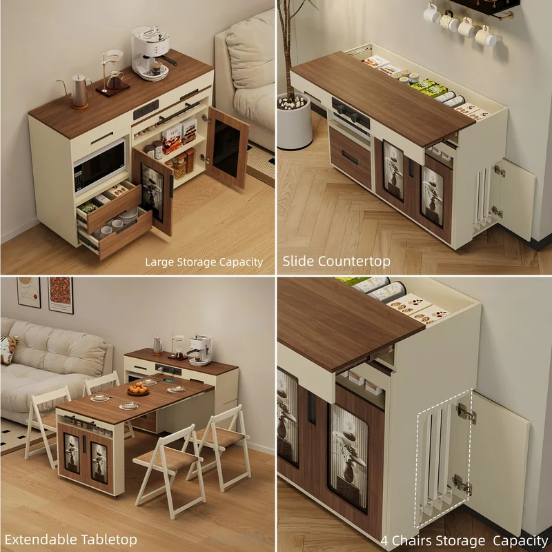 Îlot de cuisine extensible avec plan de travail coulissant et placard de rangement dissimulé