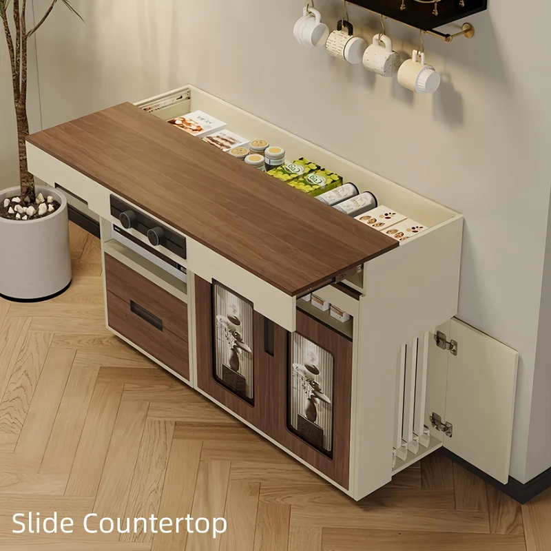 Îlot de cuisine extensible avec plan de travail coulissant et placard de rangement dissimulé