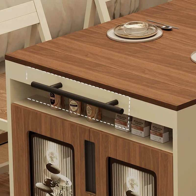Îlot de cuisine extensible avec plan de travail coulissant et placard de rangement dissimulé