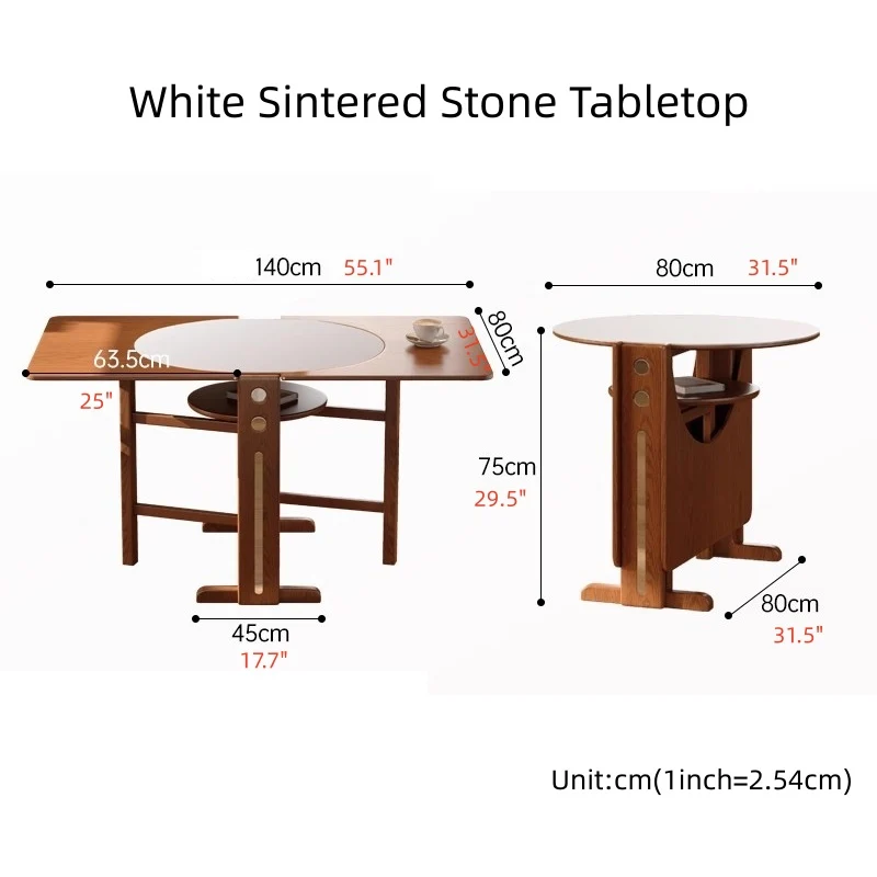 Table à manger à deux abattants en bois massif avec plateau en pierre frittée