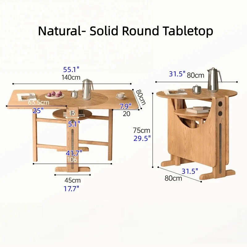 Table à manger à deux abattants en bois massif avec plateau en pierre frittée